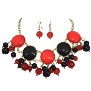 Large Red Black Statement Necklace Earrings Set